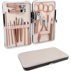 18-delig manicureset roestvrij staal roségoud - professionele nagelknipperset met beige opbergdoos - voor dames en heren - reizen en thuis