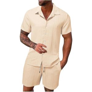 Katoenen Linnen Shorts en Overhemd Set voor Mannen Sommer Outfit met Korte Mouwen en Zakken - 2-delig voor Vakantie en Strand