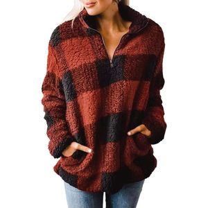 Geruite lange mouwen rits sherpa fleece sweatshirt pullover met zakken voor dames