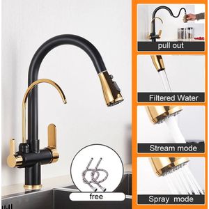 Keukenkraan - met Uittrekbare Uitloop - Twee Handgrepen - voor Koud -Vuistdouche - Warm Water - Drinkwater - Zwart en Goud