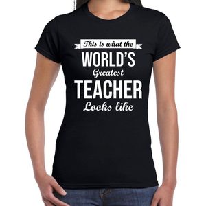 Worlds greatest teacher juf cadeau t-shirt zwart voor dames - verjaardag / kado shirt voor leerkrachten / leraressen / juffen XS