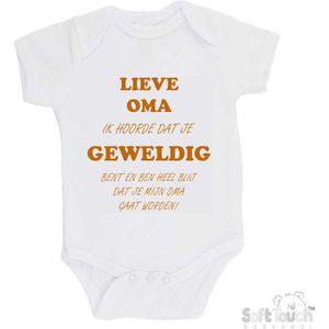 100% katoenen Romper ""Lieve oma ik hoorde dat je geweldig bent en ben heel blij dat je mijn oma gaat worden!"" Unisex Katoen Wit/tan Maat 62/68