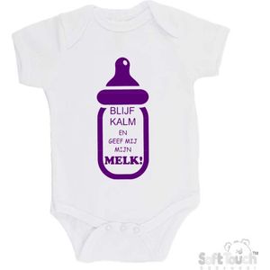 100% katoenen Romper "Blijf kalm en geef mij mijn MELK!" Meisjes Katoen Wit/paars Maat 56/62