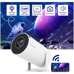 HY300-projector met WIFI6 en Bluetooth, 4K 1080P-ondersteuning met Android TV 11.0, mini-draagbare projector, 180° draaibare filmprojector, automatische keystone-functie, compatibel met laptop, pc en smartphone.