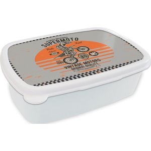 Broodtrommel Wit - Lunchbox - Brooddoos - Mancave - Motor - Vintage - Oranje - Grijs - 18x12x6 cm - Volwassenen