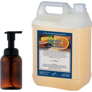 Zeepdispenser 300 ml amber bruin hervulbaar + 5 liter Handzeep Sweet Orange & Cedarwood navulling