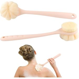 2-Pack - Badkamerborstel - Lange steel - Bevestigbaar - Zachte borstel voor de rug + Loofah-spons - Exfoliërende natte en droge massageborstel - Roze