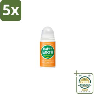 5 x Happy Earth – Deodorant Roll-On – 100% Natuurlijk Rose Petitgrain – 75 ml - Grootverpakking - 100% Natuurlijk Deodorant - Roll-on Deodorant - Bloemige Geur - Frisse Geur - Anti-irritatie