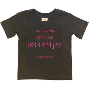 Shirt Aankondiging zwangerschap ""Lees altijd de kleine lettertjes (ik word grote zus)"" | korte mouw | Zwart/roze | maat 122/128 zwangerschap aankondiging bekendmaking Baby big bro Sis Sister
