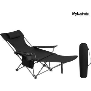 Mylucinda® Luxe Campingstoel – Opvouwbare Kampeerstoel – Intrekbare Voetsteun, Verwijderbare Hoofdsteun, Bekerhouder en Draagtas – Zwart