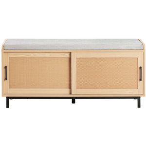 SoBuy FSR154-N Schoenenbank voor woonruimte, met gewatteerd kussen, 2 schuifdeuren, geweven rotan, 110x40x49 cm, houtkleurig