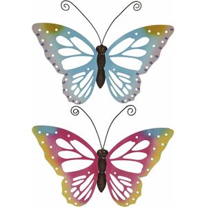 Set van 2x stuks tuindecoratie muur/wand/schutting vlinders van metaal in blauw en roze tinten 51 x 38 cm