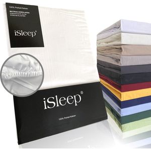 iSleep Perkal Hoeslaken - 100% Perkal Katoen - Hoge Hoek - Rondom Elastiek - Eenpersoons - 70x200 cm - Wit