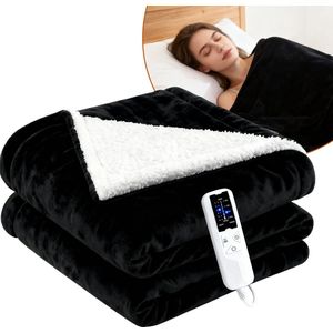 Glitzerlife Elektrische Warmtedeken – 200×180 cm – XXL Tweepersoons – Dubbelzijdig Fleece & Sherpa – 160W – 3 Warmtestanden met Timer – Zwart/Wit