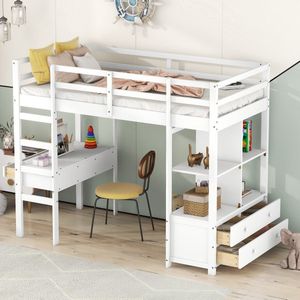 Sweiko Kinderbed, Hoogslaper, Kinderloft bed met Bedbureau, met opbergrek en lades, 90 x 200cm, Wit (Zonder stoelen)