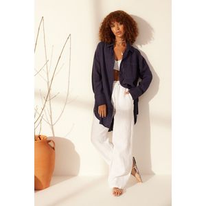 Trendyol Marineblauw Oversized Overhemd Van 100% Linnen Twoss24Go00118
