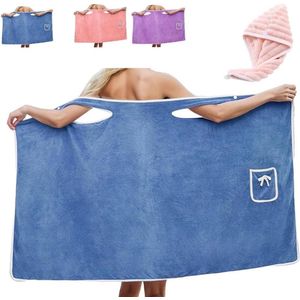Terry Dress - Dames badstof jurk - Draagbare badjurk - Verstelbare sluiting met twee knopen, zacht en gemakkelijk te dragen - Absorberend en snel drogend - Badhanddoek badjas - Blauw - Grote maat