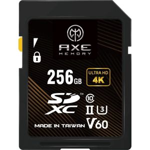 AXE MEMORY SD-Kaart 256GB V60, SDXC UHS-II U3 4K Ultra Full HD Class 10 - Professional Grade Memory Kaart met een Leessnelheid tot 245 MB/s en Schijfsnelheid tot 120 MB/s