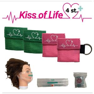 Reanimatiemasker | Kiss of Life | Reanimeren | Beademingshulpmiddel | Sleutelhanger met ring | 2x Groen - 2x Roze