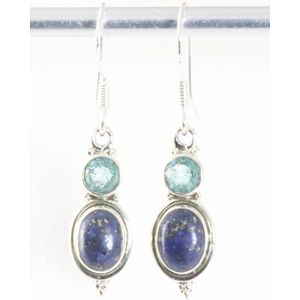 Fijne bewerkte zilveren oorbellen met lapis lazuli en blauwe topaas