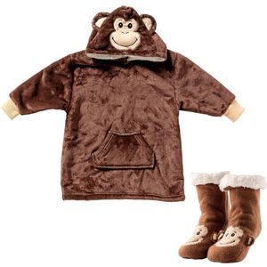 VOORDEELSET - 2-delig - Monkey - oversized hoodie en huissokken - kinderen - aap - Partridge - bruin