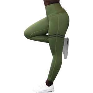 Legging - Sportlegging Dames - Squat Proof en Fitness Legging - Yoga Legging - High Waist Sport Legging - zwarte strepen- Shapewear Dames | Groen | Maat S