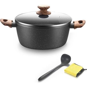 HanverKook grote steelpan 24cm - grote pan met deksel, soeppan inductie, soeppan, hoge braadpan (handvat: bruin houtlook