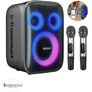 Karaoke Partybox - 3-Weg Speaker - 120 W - 2 Draadloze Microfoons - Verlichting Kleur en Equalizer via App - Mic en Gitaar Input - Zwart
