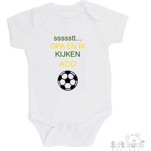 100% katoenen Romper ""ssssstt Opa en ik kijken ADO"" Unisex Katoen Wit/groen/geel/zwart Maat 62/68