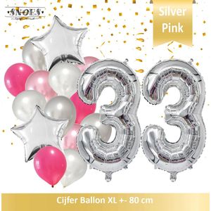 Cijfer Ballon 33 Jaar Zilver Roze White Pearl Boeket * Hoera 33 Jaar Verjaardag Decoratie Set van 15 Ballonnen * 80 cm Verjaardag Nummer Ballon * Snoes * Verjaardag Versiering * Verjaardag Decoratie * Silver Pink Pearl White* Nummer Ballon 33