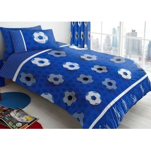 1-persoons jongens dekbedovertrek (dekbed hoes) “football goals” blauw met voetballen (helder blauwe voetbal) in het donkerblauw – wit eenpersoons 140 x 200 cm (stoer beddengoed slaapkamer / cadeau idee kinderkamer!)