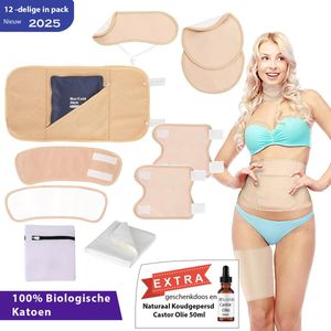 Castor Olie pack – 12 delig – 100% Biologische katoen voor Buik, Nek, Borsten, Knieem, Armen, Benen en Voeten - Herbruikbare Castor Olie Pakking - Castor Olie Pakking – Castorolie pack - Castor Oil Pack – met Extra Castor olie 50ml