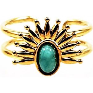 Dottilove Sieraden - Dames Waaier Ring - Geelgoudkleurig Verguld - Ring met Turquoise Steen