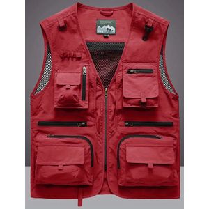 Ademend Nylon Cargo Vest voor Buiten - Herenrits Sportjasje met Meerdere Zakken Voor Zomer Buiten Activiteit - Rood - XL (52)