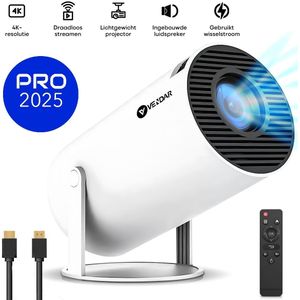 Vendar® YA350 Pro Mini Beamer 2025 – 350 ANSI Lumen – Smart Projector met 4K-ondersteuning – Geïntegreerd Android 14 – WiFi 6 & Bluetooth 5.4 – Voor iOS & Android – Thuisbioscoop – Wit