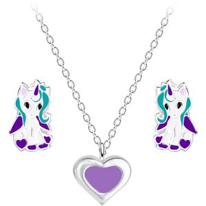 Zilveren eenhoorn kinderoorbellen en hartje ketting | unicorn oorknopjes Meisje Zilver | kinderketting hartje | kindersetje oorstekers ketting | Zilverana | Sterling 925 Silver