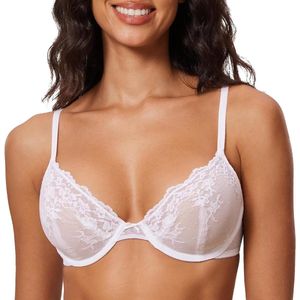 Allecto plus - Vrouwen Kant Mesh BH Sexy Transparant Plus Size - Ongevoerde Plunge Beugel BH's Doorschijnend met Kanten Detail.