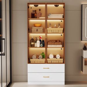 Badmeubel | 75 cm breed | 2 grote laden + 2 glazen deuren | LED-verlichting | Moderne badkamer opbergkast