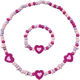 Fako Bijoux® - Kinderketting en Armband - Hout - Hartjes Roze