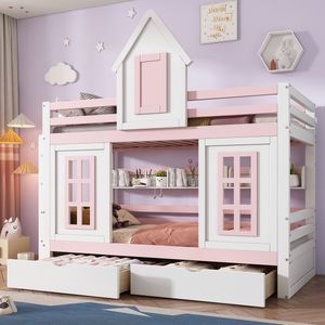 Stapelbed prinsessenbed- kinderbed met dak en raam- met veiligheidshekje/stalleuning/ twee lades met wielen- open plank- grote opbergruimte- grenen + MDF- 90cm*200cm wit en roze