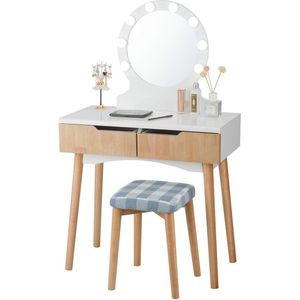 Kaptafel met ledverlichting, make-uptafel, kaptafel, hout, kapcommode, cosmetische tafel met verlichte spiegel en kruk, make-up commode met 2 schuifladen, naturel
