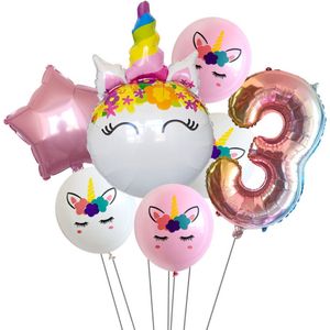 Unicorn Feestpakket - Leeftijdballon: 3 jaar - Eenhoorn Verjaardag Versiering - Verjaardag Ballonnen Meisje - Themafeest Unicorn - Roze Ballonnen - 7 stuks - Folieballon / Heliumballon - Feestversiering - Unicorn Ballonnen Verjaardag - Unicorn Thema
