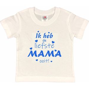 T-shirt Kinderen ""Ik heb de liefste mama ooit!"" Moederdag | korte mouw | Wit/blauw | maat 122/128 (S)