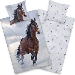 Paardenbeddengoed, flanel, 135 x 200 cm, katoen, Paardenmotief, veroorzaakt, warm en behaaglijk, flanelen winterbeddengoedset - omkeerbaar beddengoed met sterren, blauw-grijs