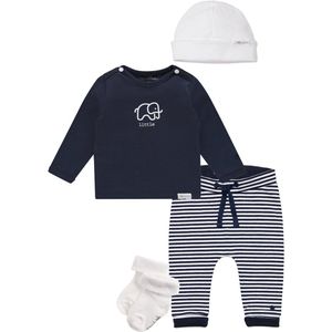 Noppies - Kledingset - 4 delig - Broek Nola Navy Wit - Shirt Amanda Navy met olifantje - Muts marjolein wit - 1 paar sokjes - Maat 56