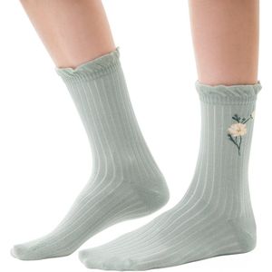 Groene retro sokken met ruches-bloemenprint-zacht & naadloos katoen-2 paar-maat 35-37