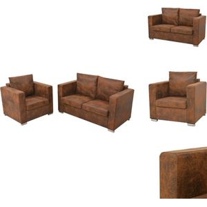 vidaXL fauteuil en 2-zitsbank - bruin - houten frame - kunstsuède bekleding - vintage suède-look - afneembare zit- en rugkussens - eenvoudig te monteren - Bank