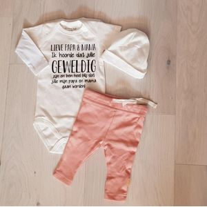 Baby cadeau geboorte meisje roze set met tekst kledingset Bodysuit en muts |Kraamkado | Gift Set | rompertje Lieve Papa en mama ik ben heel blij dat jullie mijn gaan worden aanstaande aankondiging bekendmaking zwangerschap
