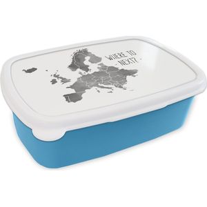 Broodtrommel Blauw - Lunchbox - Brooddoos - Europakaart in grijze waterverf met de quote Where tot next? - zwart wit - 18x12x6 cm - Kinderen - Jongen