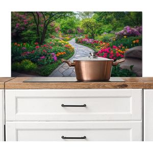 Spatscherm keuken 100x50 cm - Kookplaat achterwand Park - Bloemen - Tuin - Muurbeschermer - Spatwand fornuis - Hoogwaardig aluminium